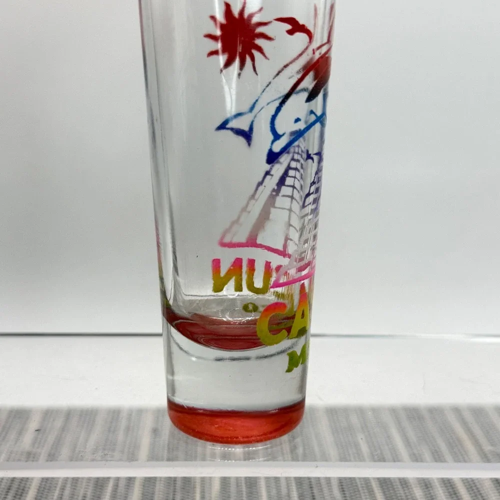 Cancun Mexico Souvenir Shot Glass‎ Tall Shooter Dolphin Mayan Pyramid Red Base